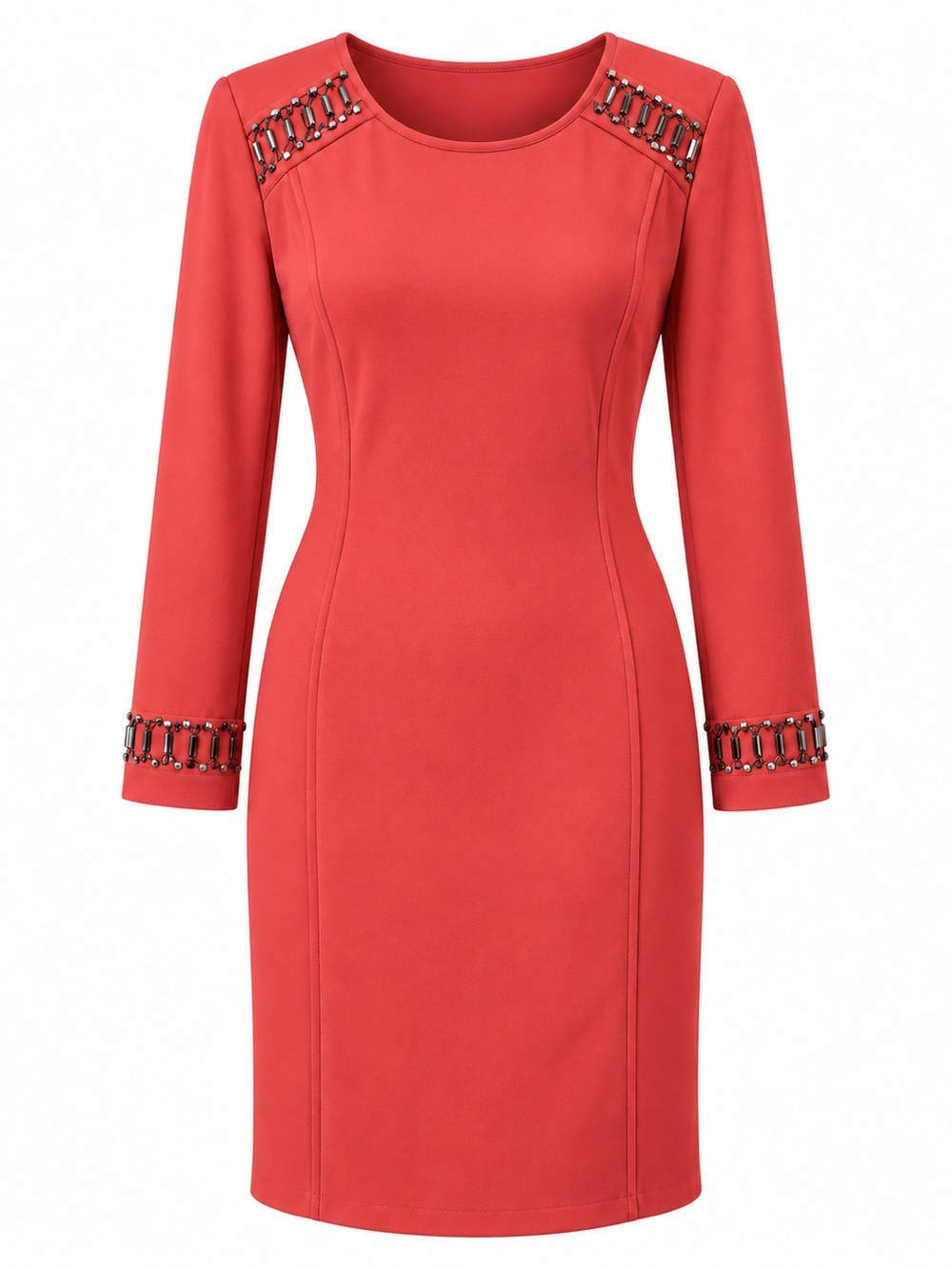 ANTONIO MELANI Coral Red Long Sleeve Beaded Sheath Dress
